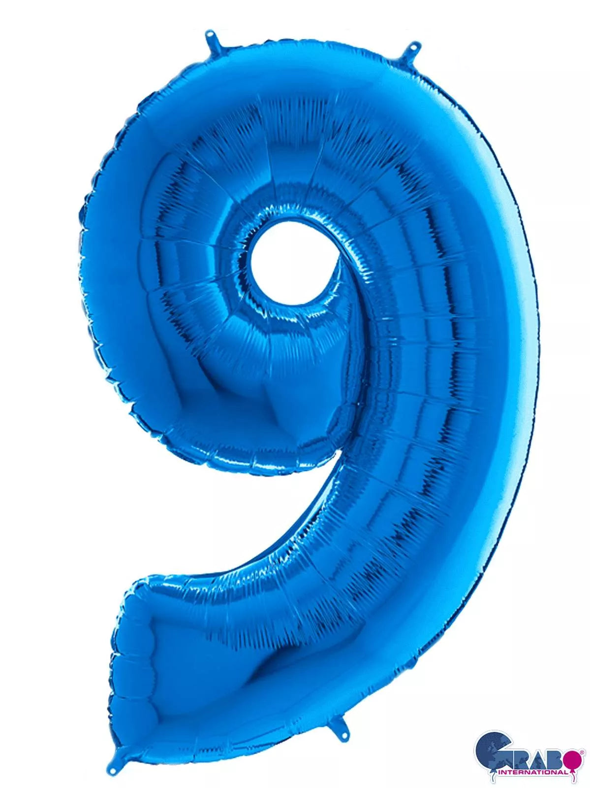 Blue Grabo foil balloon shaped as the number 9, measuring 26 inches, perfect for celebrations and party decor.