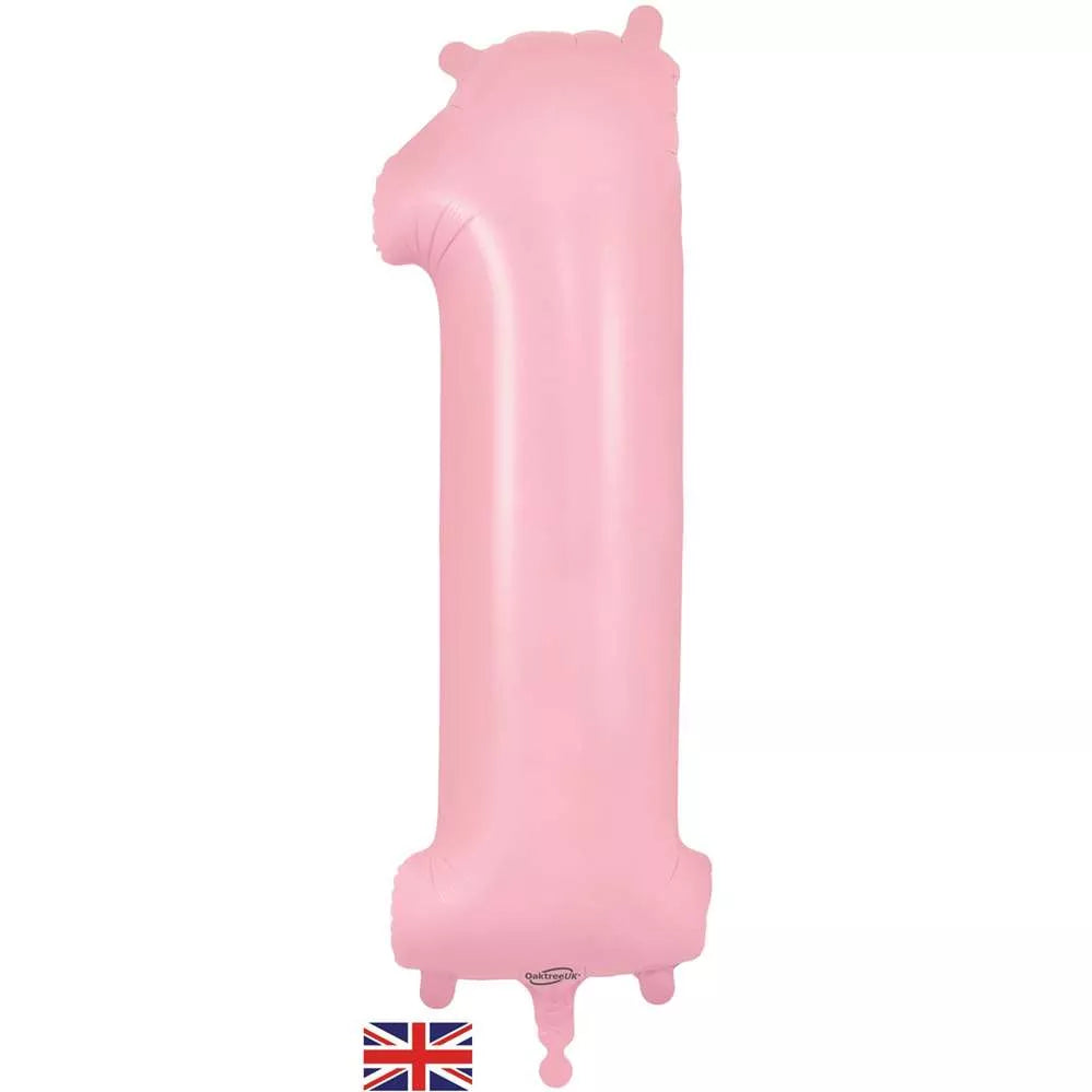 Oaktree matte pink foil balloon shaped as the number 1, measuring 34 inches tall, with a shiny surface and festive design.