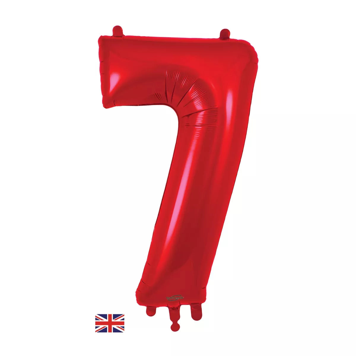 Red 34-inch Oaktree foil number 7 balloon inflated and floating against a neutral background.