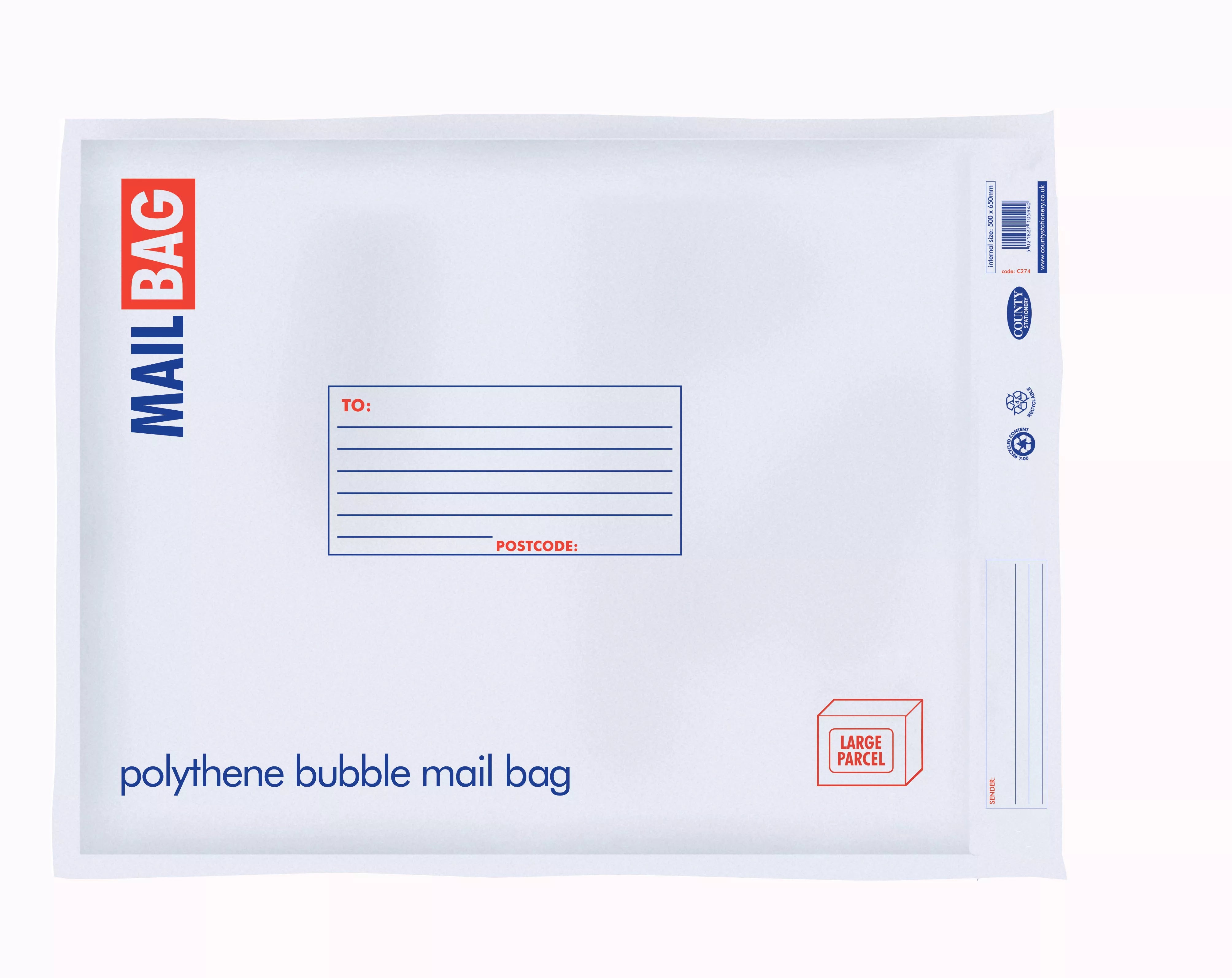 Jumbo bubble mailing bag from County Stationery, 10-pack, with padded bubble lining and durable plastic exterior for secure shipping.