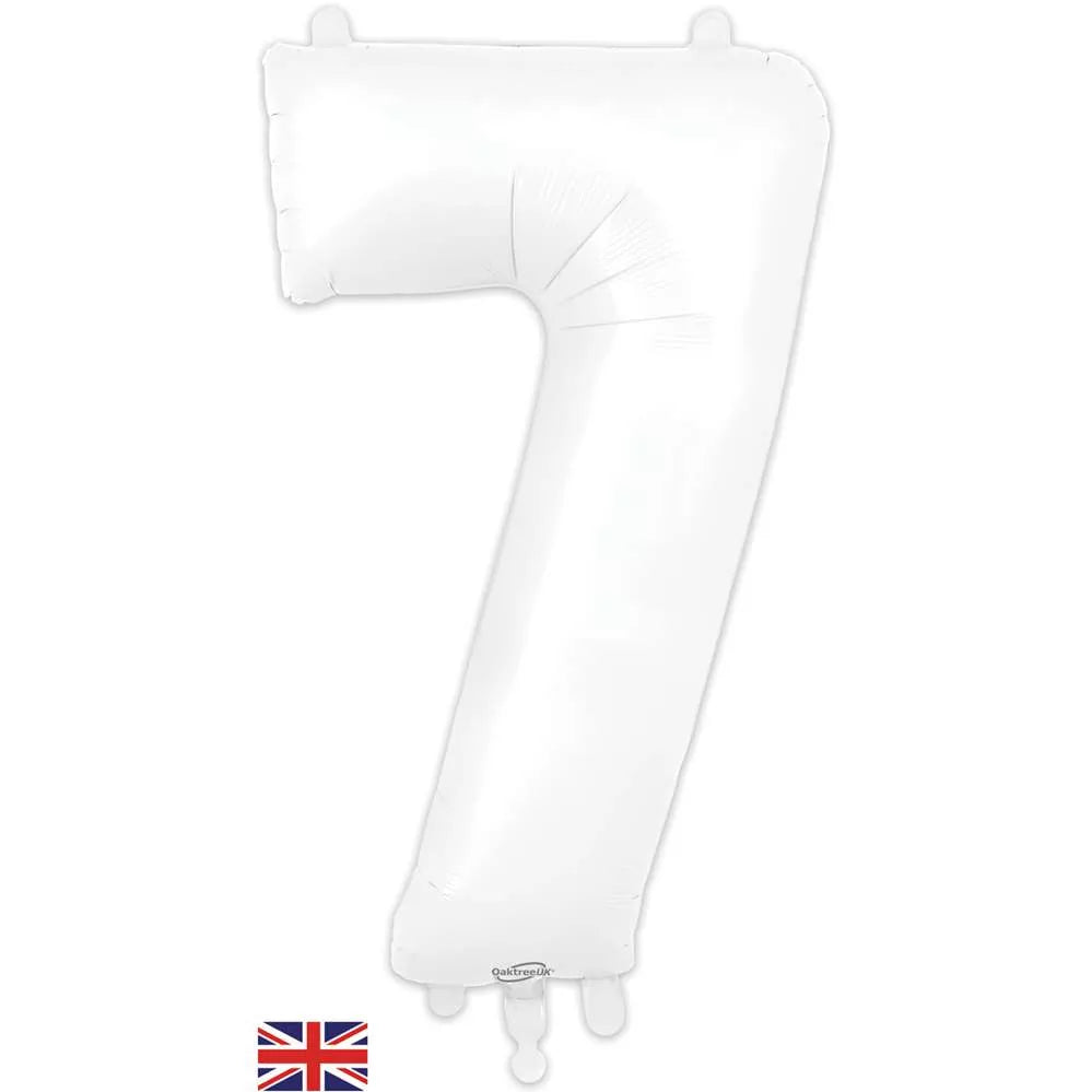 Oaktree white foil balloon shaped as number 7, 34 inches tall, suitable for celebrations and party decorations.