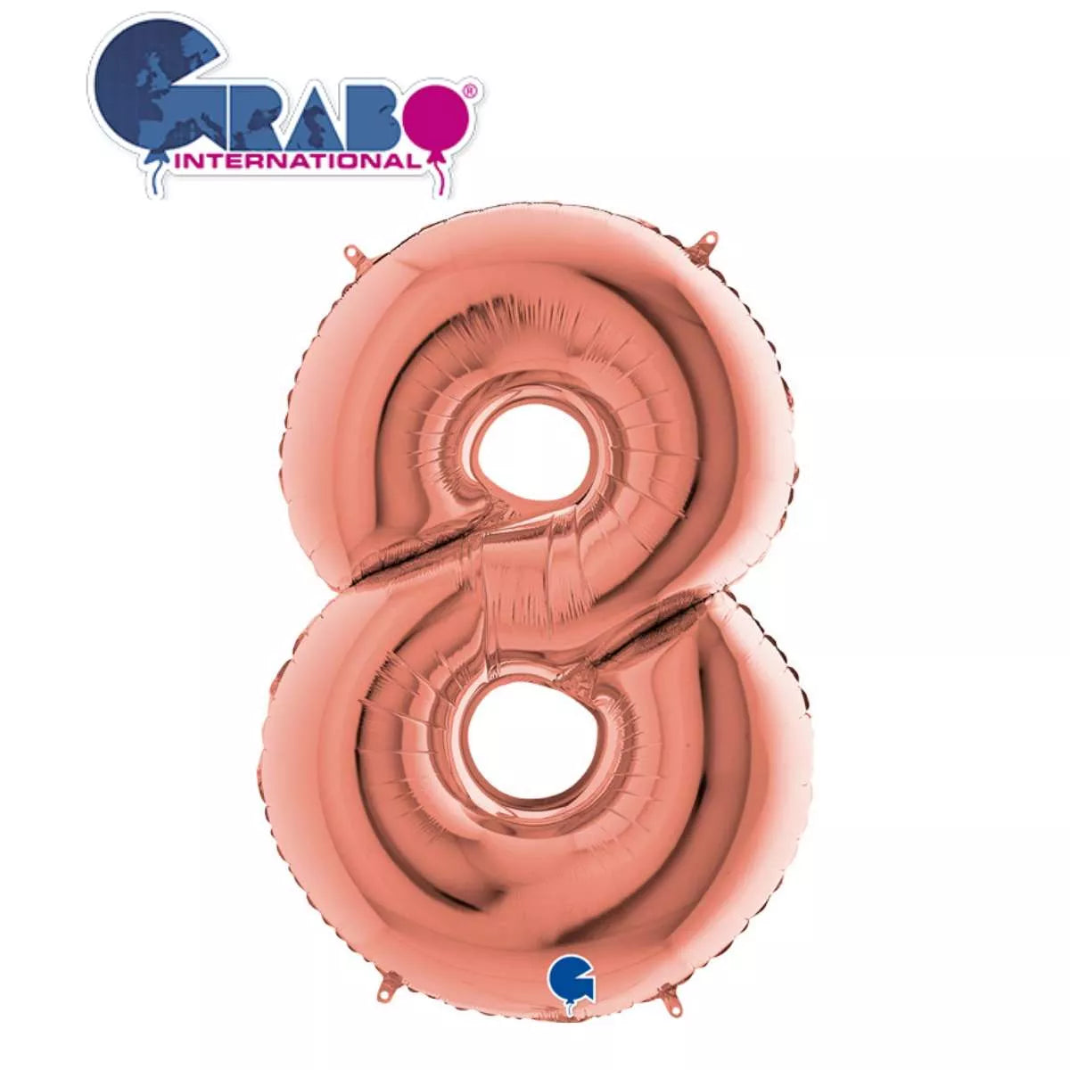 Rose gold Grabo foil balloon in the shape of the number 8, measuring 40 inches tall, with shiny metallic finish.