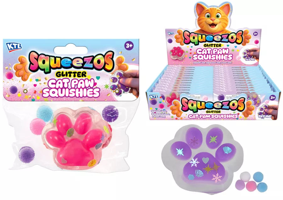 Kandy Toys squishy cat paw toy in various colors, soft and squeezable, perfect for stress relief and sensory play.