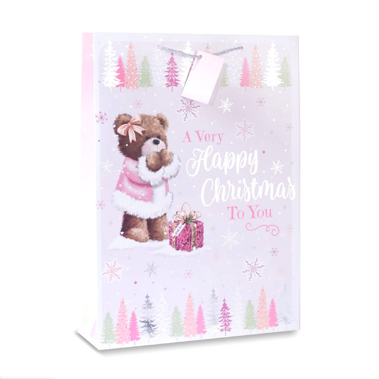 12-pack large portrait gift bags by Wraptastic featuring bear and tree design, perfect for gift wrapping.