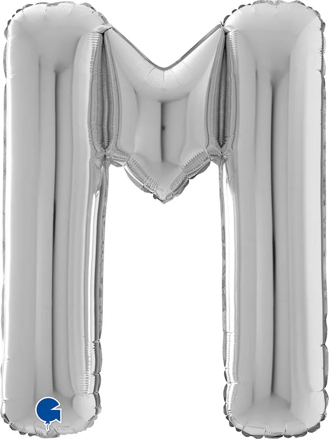 Silver Grabo foil balloon in the shape of the letter M, measuring 26 inches tall, with a shiny metallic finish.