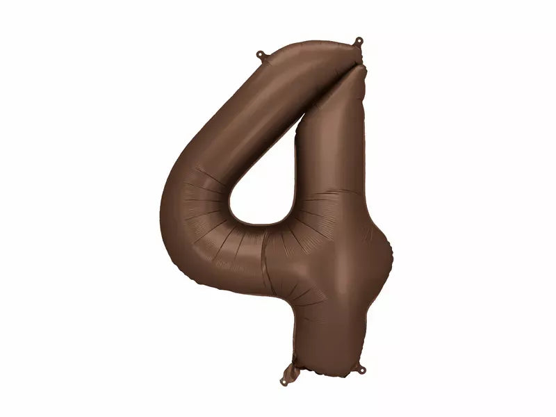 PartyDeco foil balloon in satin mocha color, shaped as the number 4, 34 inches tall, ideal for celebration decorations.