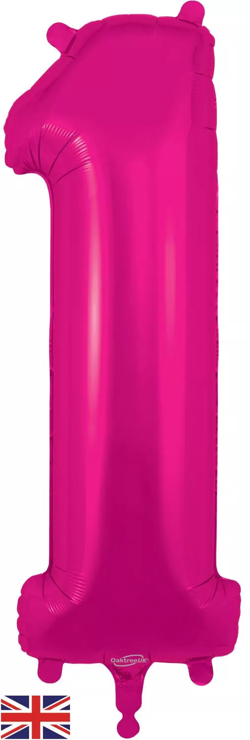 Pink Oaktree foil balloon in the shape of the number 1, 34 inches tall, shiny and festive for celebrations
