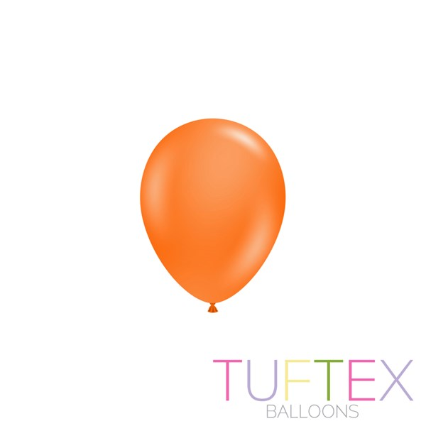 Tuftex Standard Orange 5-inch latex balloons for decoration, shown in a pack of 50, perfect for festive events and celebrations.