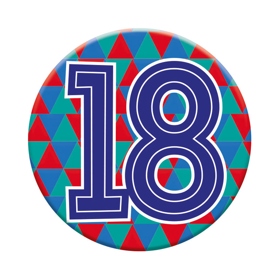 Set of six small birthday badges by Tiger Feet featuring the number 18, ideal for celebrating 18th birthday events.