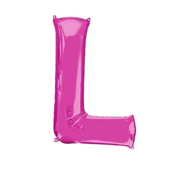 Pink 34-inch Anagram foil balloon in the shape of the letter L, shiny and reflective, perfect for celebrations and decorations.