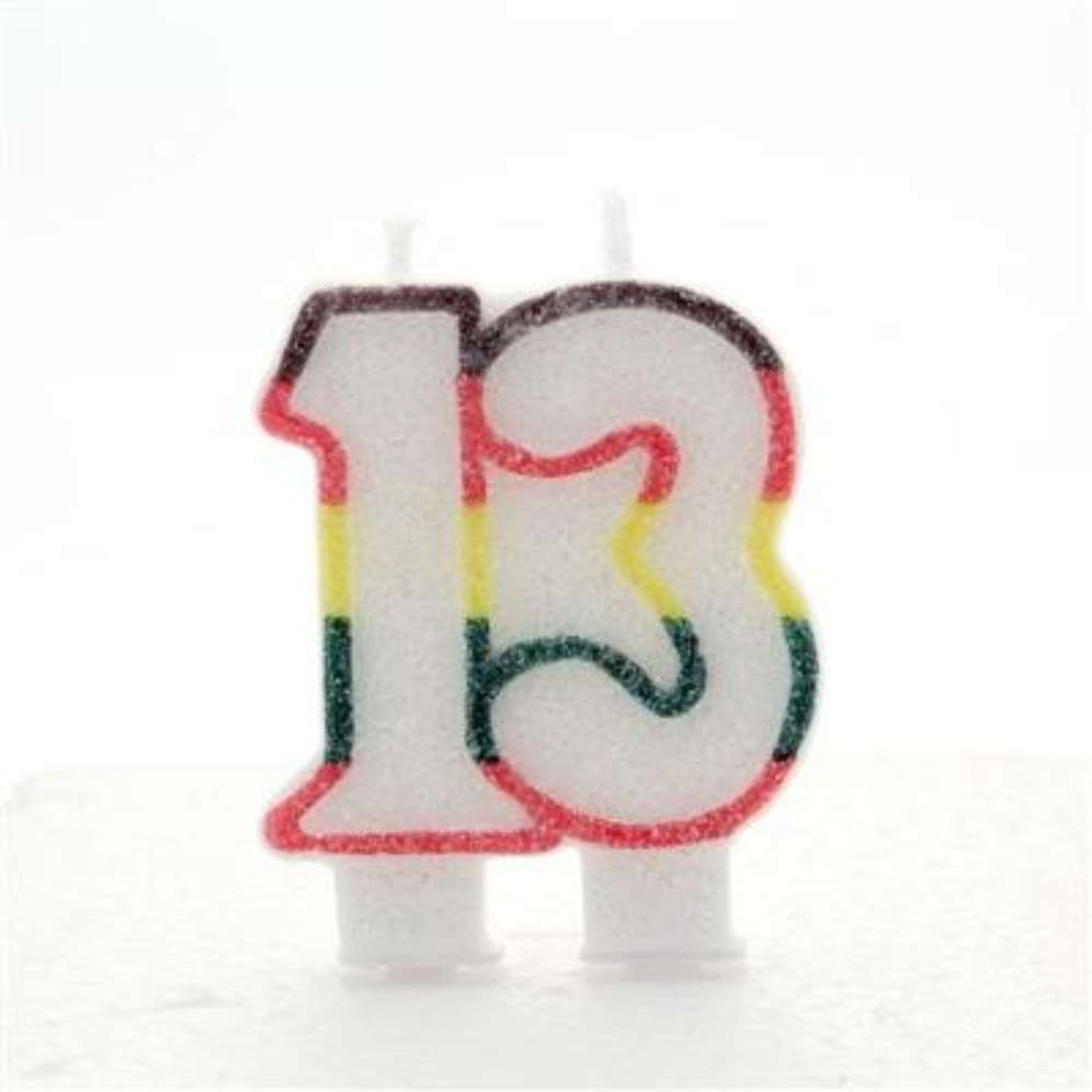 Multicoloured glitter APAC Party Candle Age 13, festive birthday candles with vibrant colors and sparkling decorative elements.