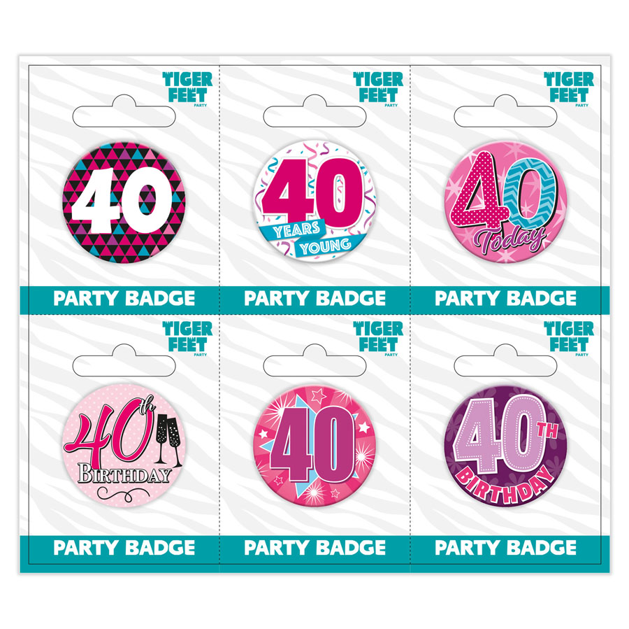 Six small birthday badges by Tiger Feet featuring the number 40, perfect for celebrating a 40th birthday event.