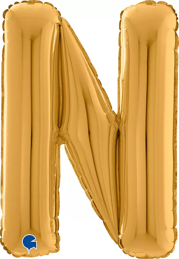 Gold foil balloon shaped as the letter N from Grabo, 26 inches tall, perfect for celebrations and party decor.