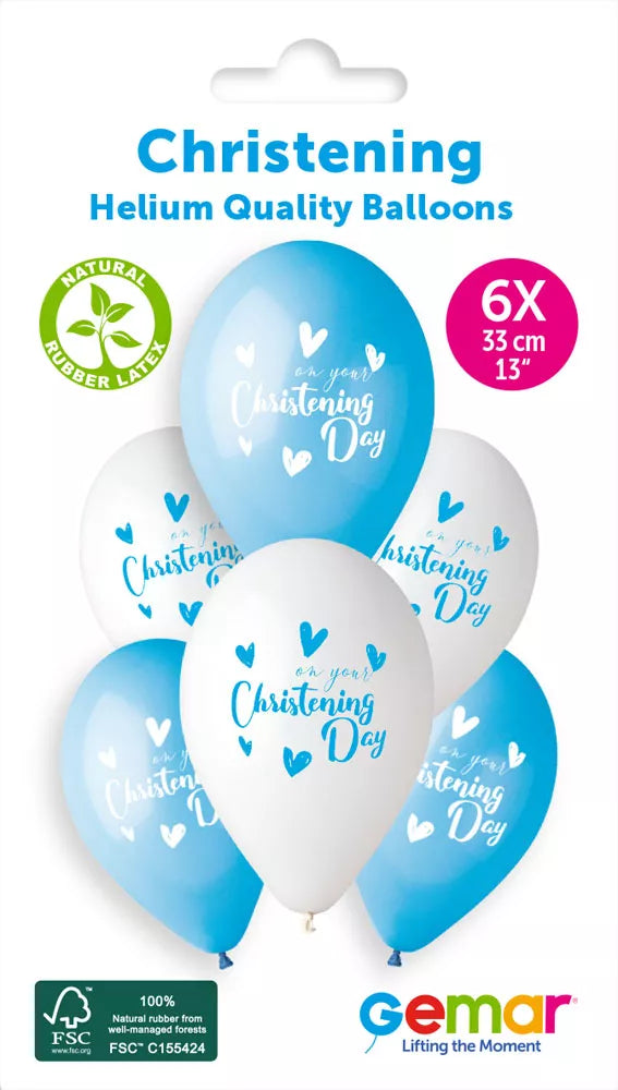 Gemar Christening Boy 13-inch printed latex balloons in a 6-pack, featuring festive designs for baby boy celebrations.