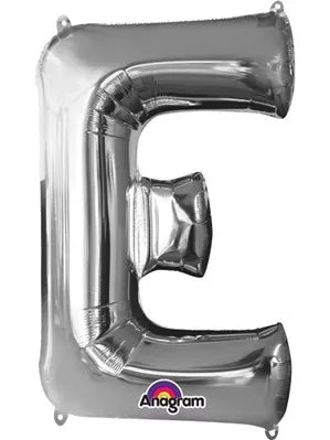 Silver 34-inch Anagram foil balloon shaped like the letter E, shiny metallic finish, floating against a plain background.