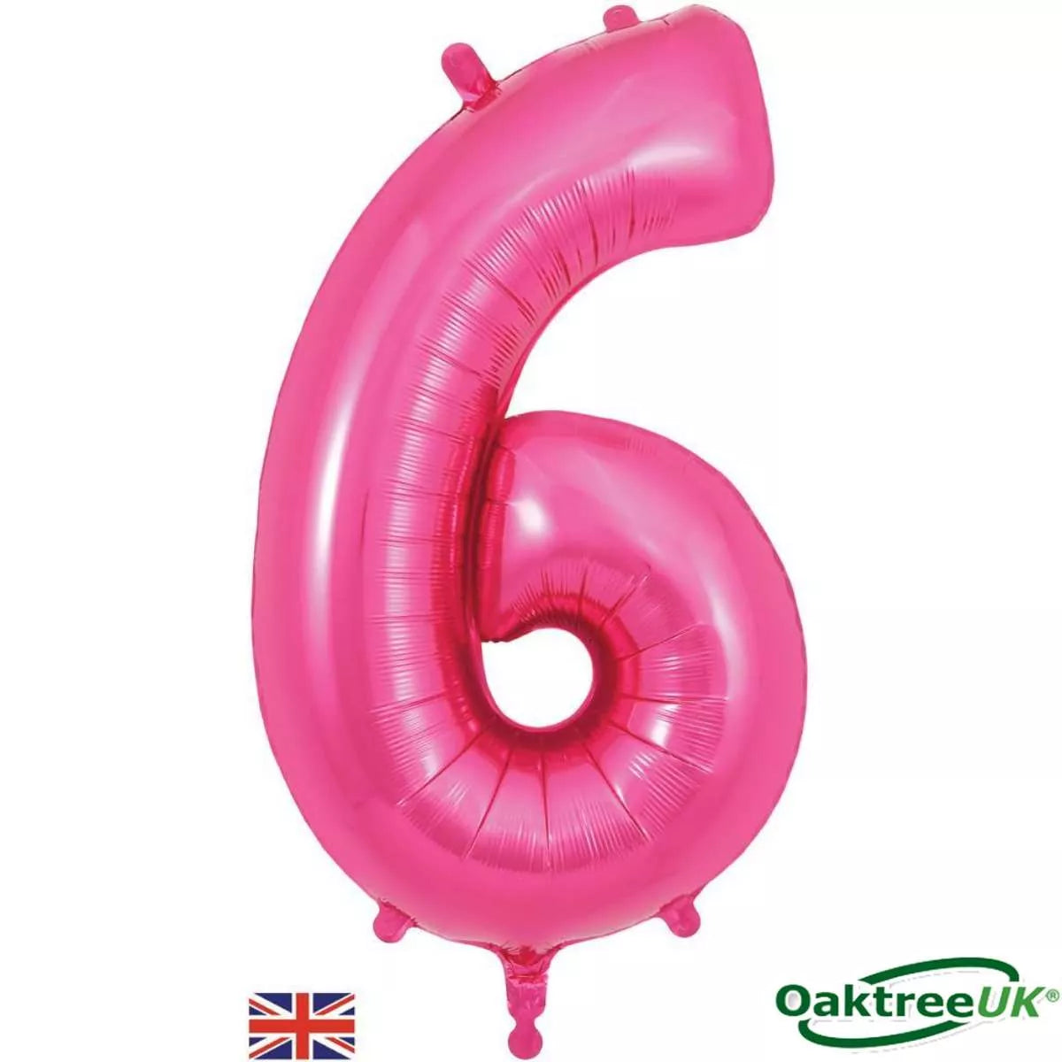 Pink Oaktree foil balloon shaped as the number 6, 34 inches tall, with shiny metallic surface and decorative balloon details.