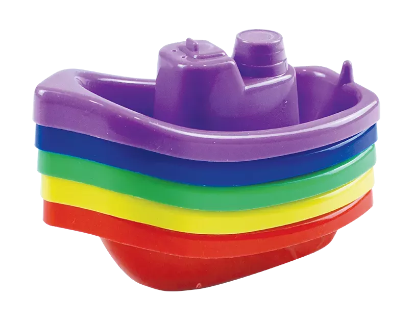 Colorful bath time boats toy set by Gem Imports, featuring five small plastic boats for kids' water play and bath fun.