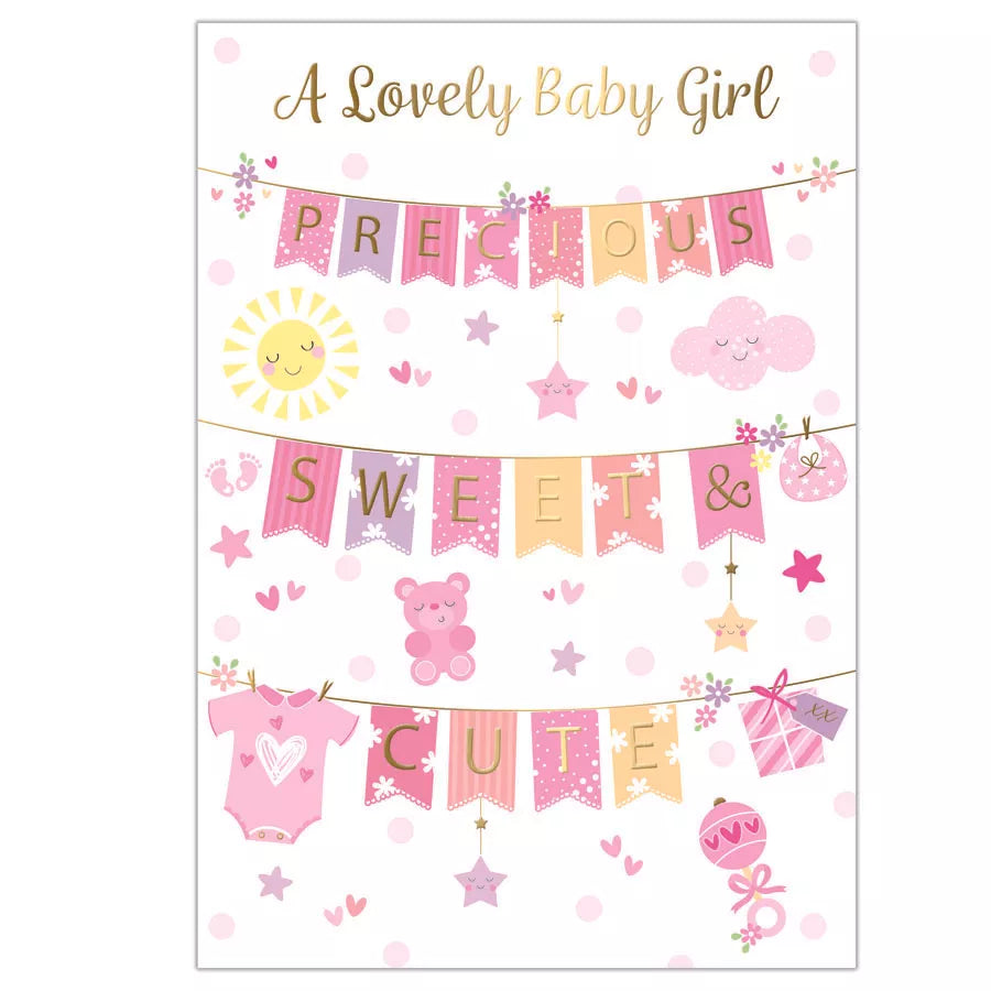 Set of six Prelude newborn girl greeting cards featuring cute, colorful designs for celebrating new arrivals.