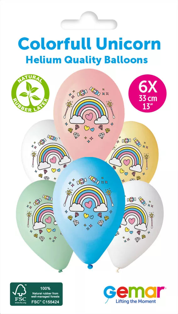 Six Gemar Colourful Unicorn 13-inch latex printed balloons featuring vibrant unicorn designs, perfect for celebration decor.