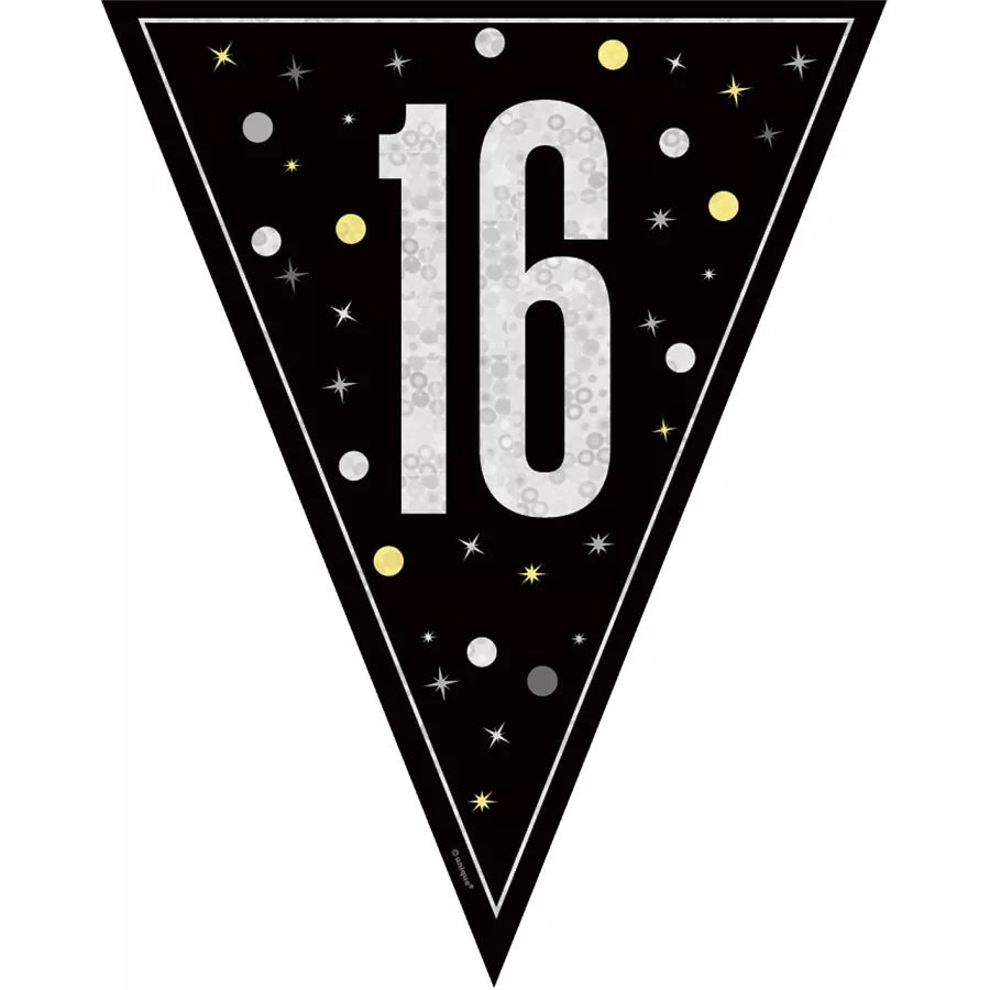 Black 9ft flag bunting with "Age 16" and "Glitz" design from Unique, featuring sparkling black fabric and decorative pennants.