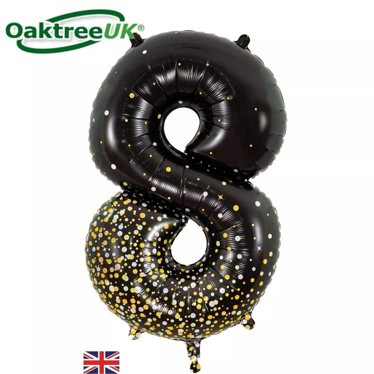 Oaktree black and gold foil number 8 balloon, 34-inch size, festive number balloon for celebrations.