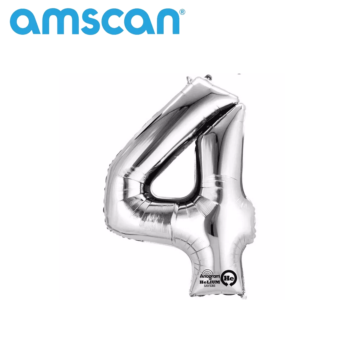 Silver 16-inch Anagram foil balloon shaped as the number 4, shiny metallic finish, designed for celebrations and parties.