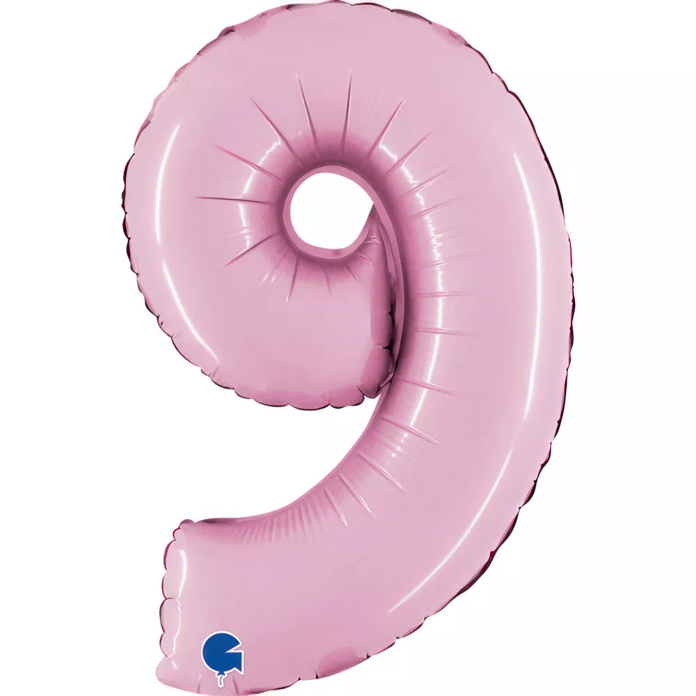 Pastel pink Grabo foil balloon shaped as the number 9, measuring 14 inches, with shiny metallic finish.