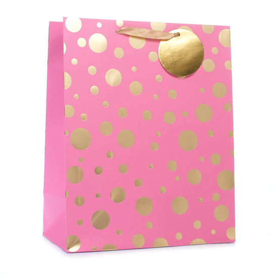 Gift Bag Pink With Gold Spots Large 6pk