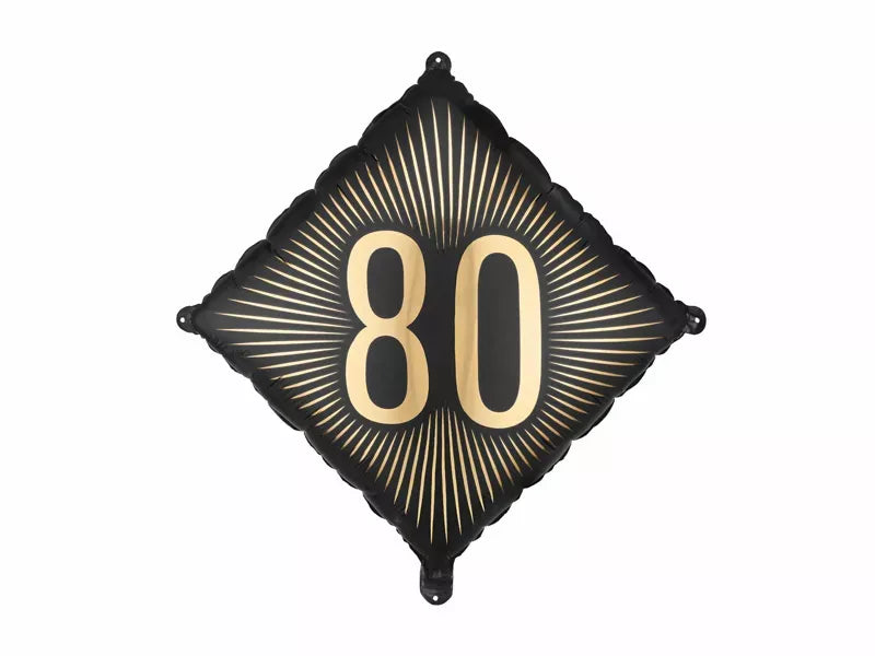PartyDeco black and gold foil balloon celebrating age 80, 18-inch size, with shiny metallic finish and decorative design.