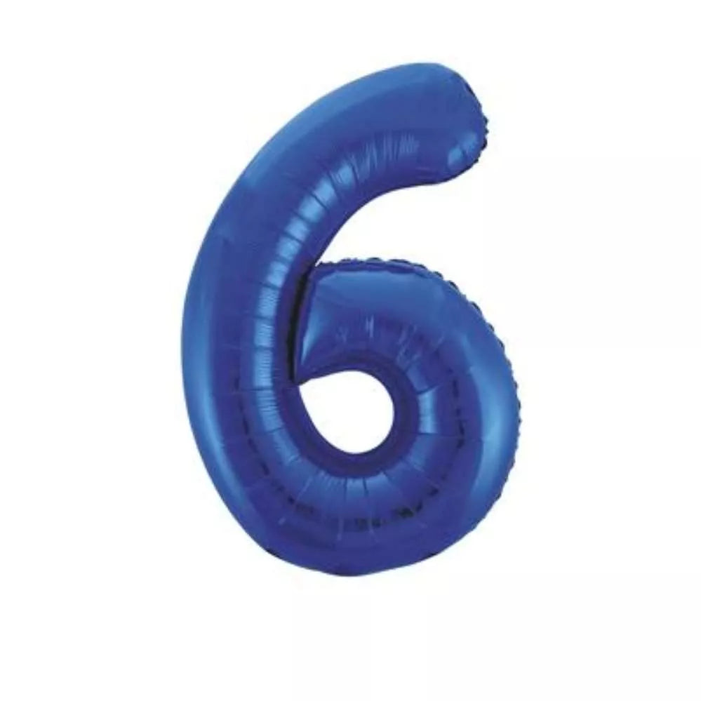Blue Glitz foil balloon in the shape of the number 6, 34 inches tall, from Unique, with shiny metallic finish.
