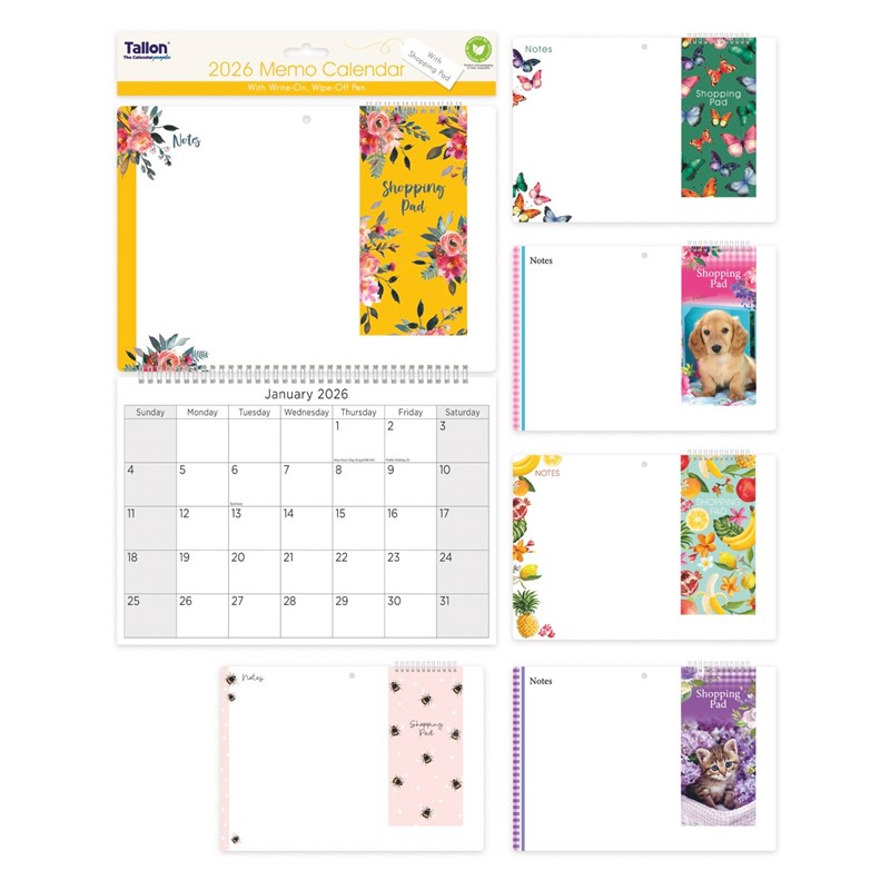 Tallon tall 12-pack memo calendars with shopping pads and pens, featuring monthly layouts and convenient note-taking pages.