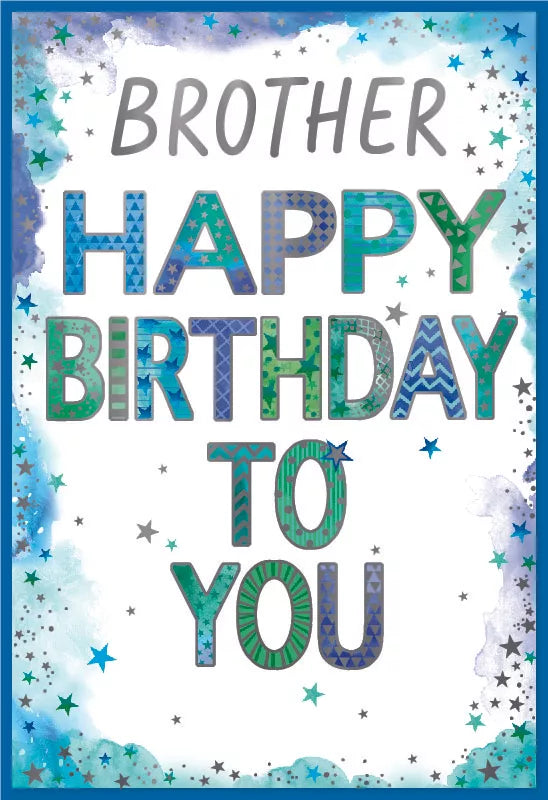 Set of six Simon Elvin C50 birthday cards for brother, featuring colorful designs and celebratory messages.