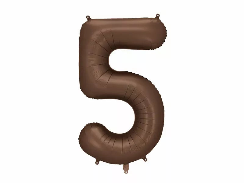 PartyDeco foil balloon in satin mocha, number 5, 34 inches tall, shiny metallic finish, designed for celebration and party decor
