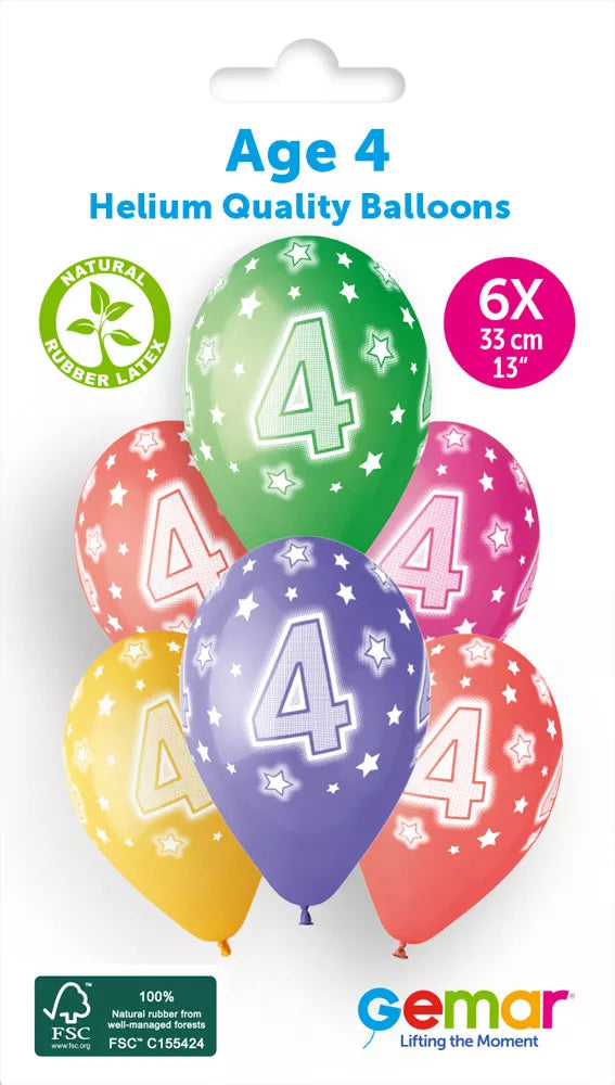 Six Gemar Cosmic Stars 13-inch latex printed balloons with colorful star patterns for age 4 celebrations.