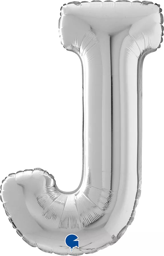 Silver Grabo foil balloon in the shape of the letter J, measuring 26 inches, with shiny metallic finish.
