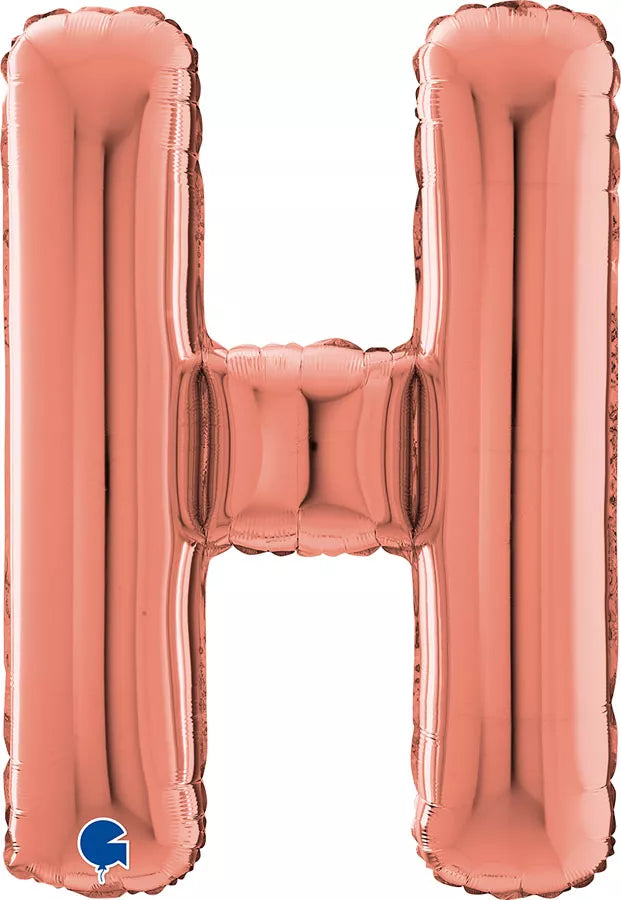 Grabo rose gold foil letter H balloon, 26-inch size, with shiny metallic finish, designed for celebrations and party decorations.