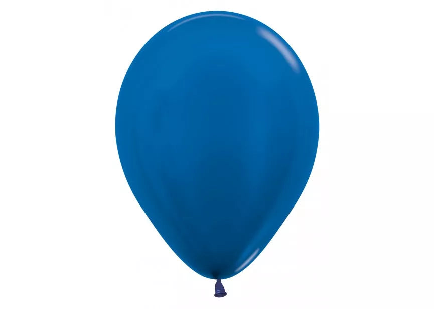 Sempertex metallic blue latex balloons, 12-inch size, set of 12, decorated for celebrations or events.