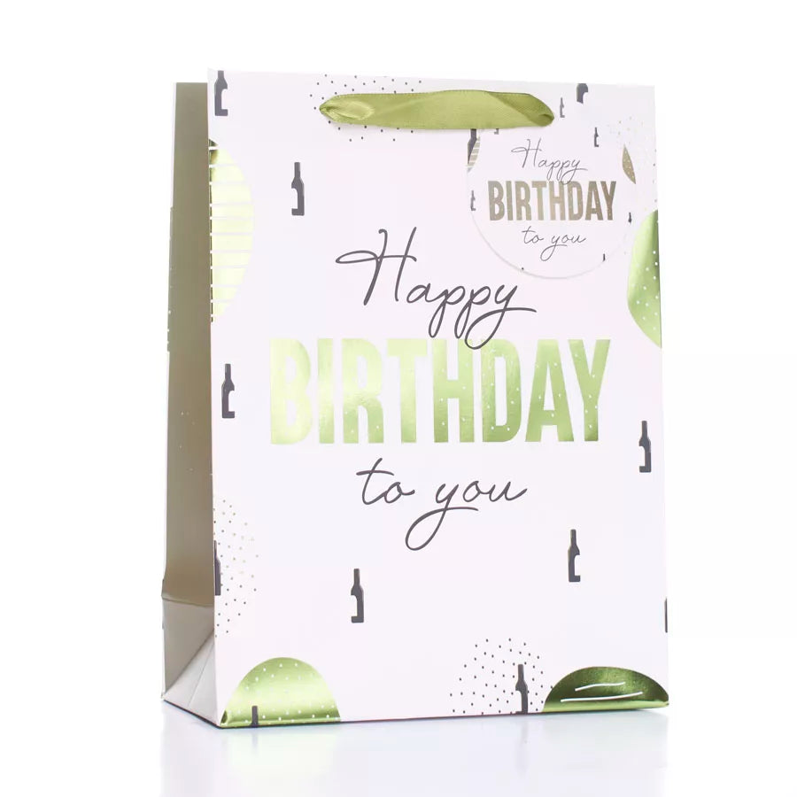 Six medium Tulip gift bags with a happy birthday design in gold, perfect for celebrating special occasions.