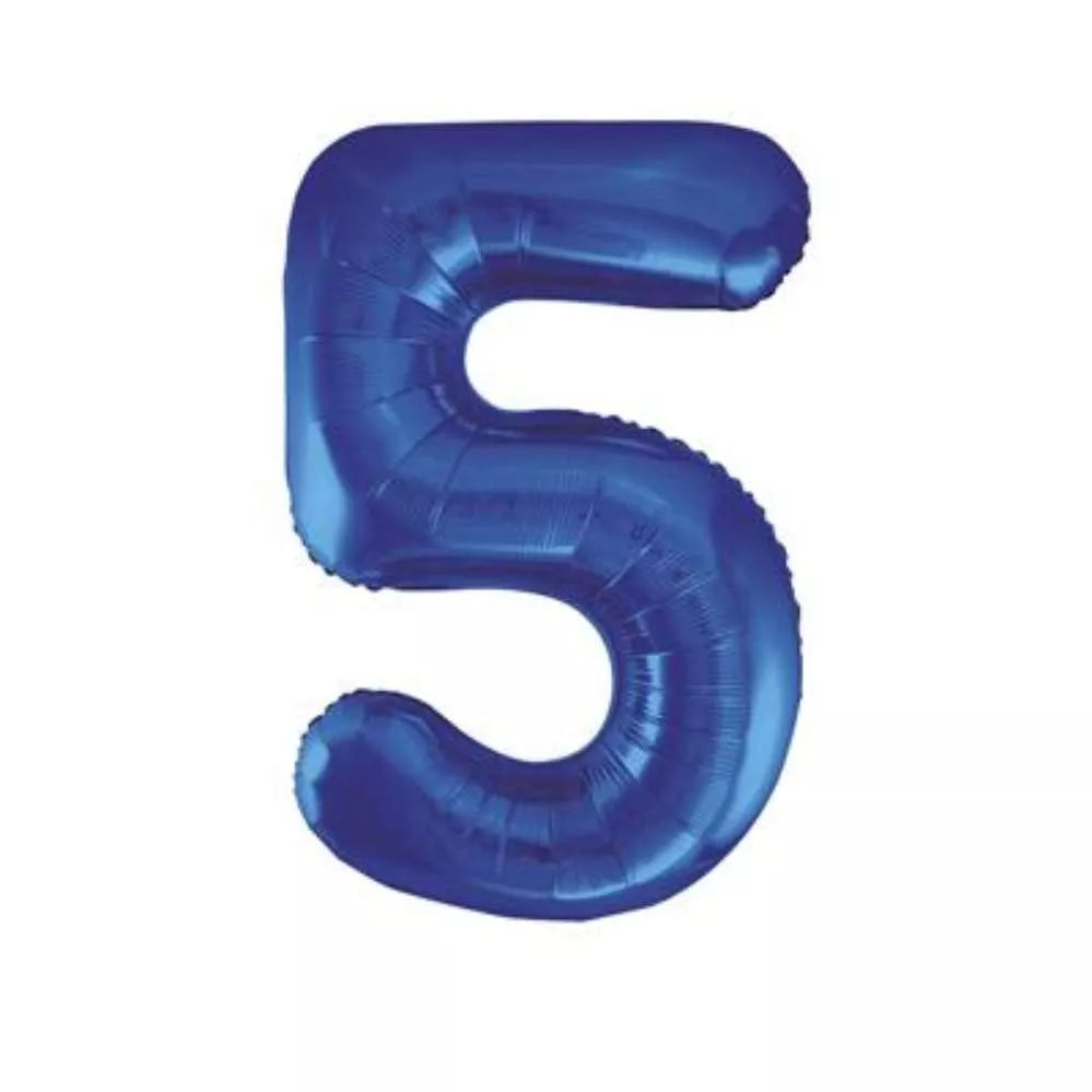 Unique Blue Glitz foil balloon in the shape of number 5, 34 inches tall, with shiny metallic finish for celebration decorations