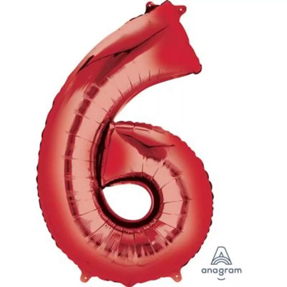 Red 34-inch Anagram foil balloon shaped as the number six, shiny and reflective, suitable for celebrations and decorations.