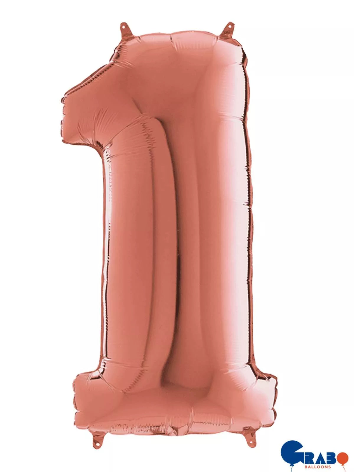 Grabo rose gold foil balloon shaped as number 1, 26 inches tall, with reflective metallic finish and printed "1" on the surface.