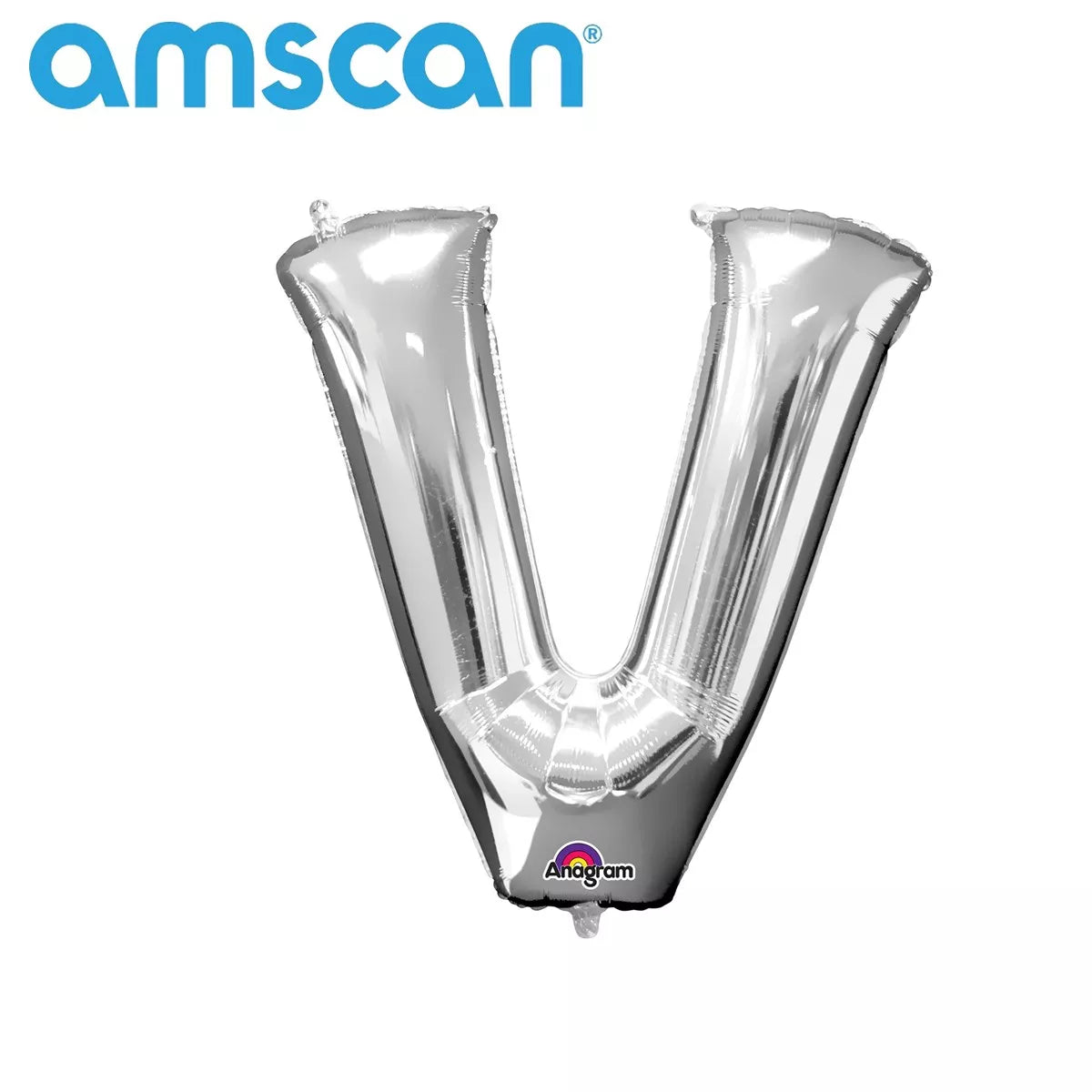 Silver 16-inch Anagram foil balloon in the shape of the letter V, perfect for celebrations and party decorations.