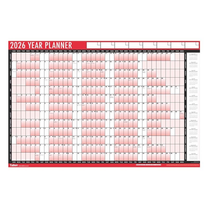Calendar Full Year Wall Planner Red & Black 2027