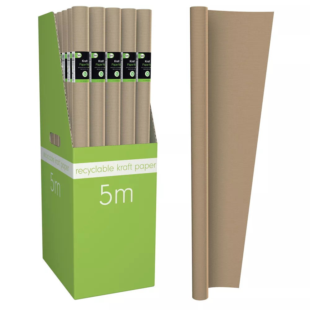 Brown paper rollwrap by IG Design Group, 5-meter length, 36-pack, shown unrolled with textured surface for gift wrapping.