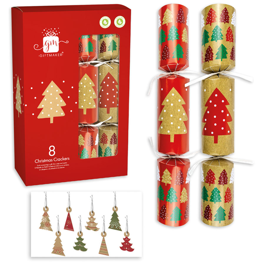 Eight Kraft-effect 12-inch cracker party accessories featuring printed trees, suitable for festive celebrations by IG Design Group.