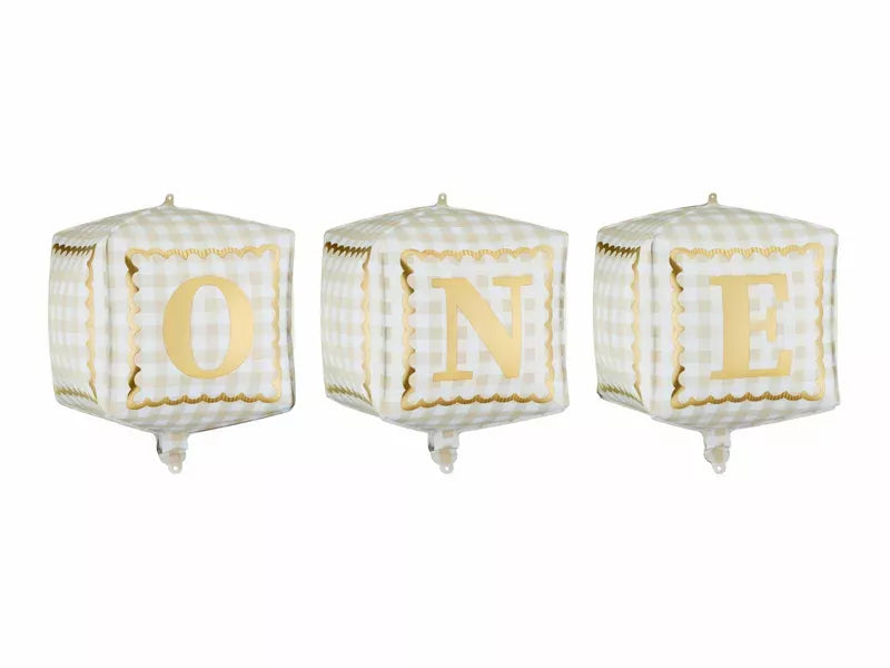 PartyDeco 3-piece foil balloon set with three 13-inch cube-shaped metallic balloons for celebration and decoration.