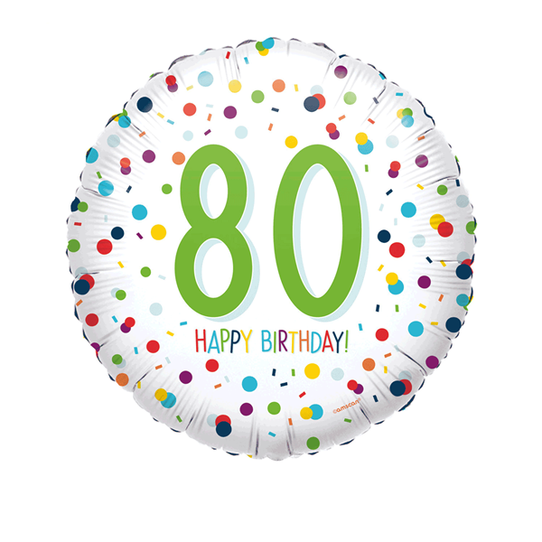 Anagram 80th birthday confetti foil balloon, 18-inch celebration balloon with colorful confetti design on shiny foil surface.