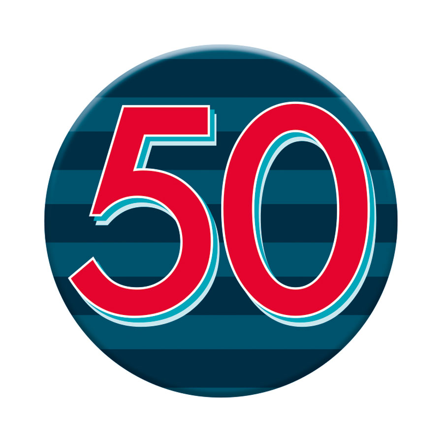 Six small Tiger Feet birthday badges featuring the number 50 for age celebrations, perfect for party decorations.