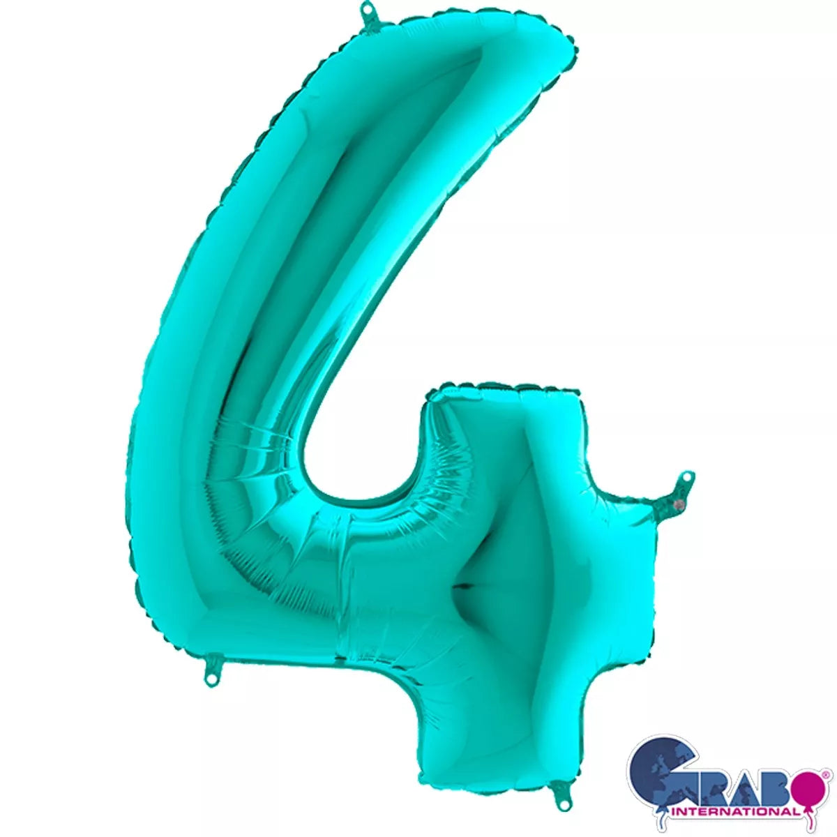 Grabo Tiffany blue foil balloon shaped as the number 4, 40 inches tall, featuring a shiny, reflective surface.