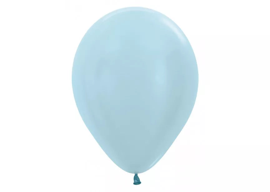 Sempertex 12-pack pearl blue 12-inch latex balloons for decorating, featuring smooth, shiny surface and vibrant blue color.